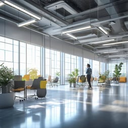 An image of a modern commercial or industrial workspace with human-centric lighting systems and automation controls to enhance well-being and productivity.