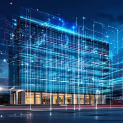 An image of a modern, data-driven building with advanced building automation systems incorporating predictive analytics to optimize energy consumption and prevent system failures.