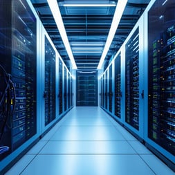 An image of a modern, high-tech data center with advanced building automation systems optimizing energy efficiency, cooling, security, and operational efficiency.