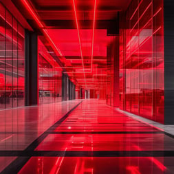 Image of the inside of a commercial building, showing a hallway, and invoking a futuristic feeling. 