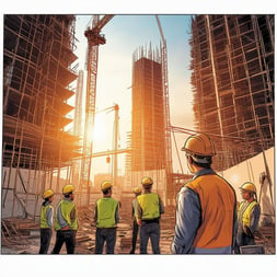 The image depicts a bustling construction site filled with workers in hard hats and safety vests, engaged in various tasks related to building automation. Towering structures in various stages of completion surround them, showcasing modern architecture interspersed with cranes and scaffolding. In the foreground, a technician is intently inspecting a high-tech control panel, wires and tools scattered around. Behind him, a group of apprentices are attentively listening to a mentor demonstrating automation equipment installation. The sun casts a warm glow, illuminating the scene, while a banner in the background highlights a training program aimed at addressing the skilled labor shortage. The atmosphere conveys a sense of urgency and collaboration, with a hint of optimism as workers adapt to the challenges of their industry.