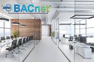 An image of a modern office setting with BACnet logo overlayed, signifying the use of BACnet to meet modern office environment standards.